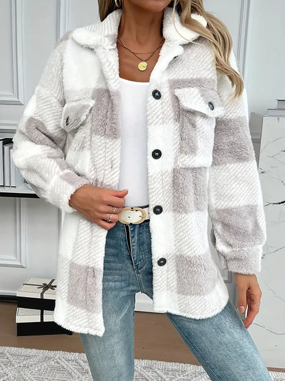 Women's plaid button-down plush winter jacket