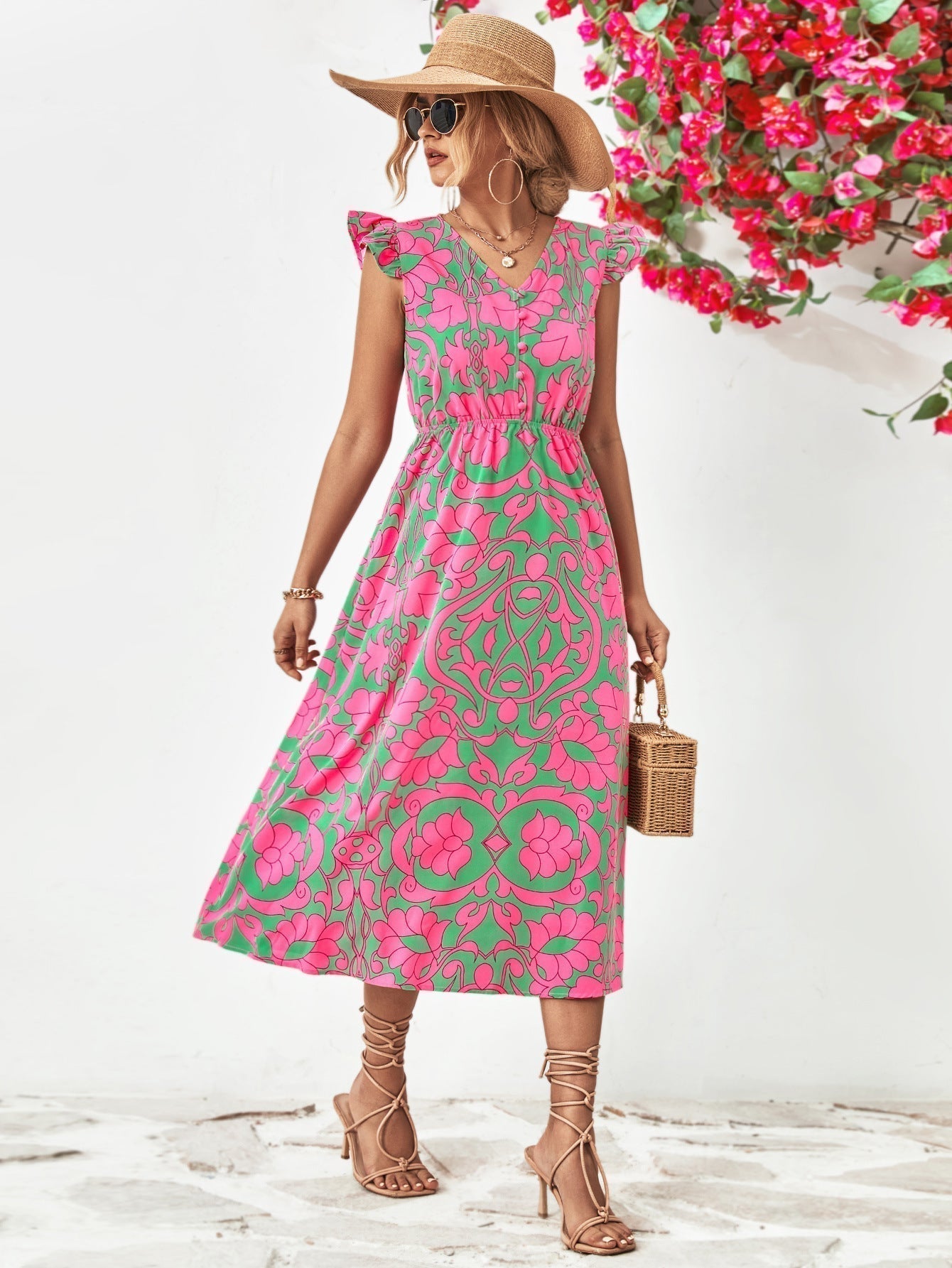 Women's Midi Dress - V-Neck - Short Ruffled Sleeves - Fitted Waist - Floral Print
