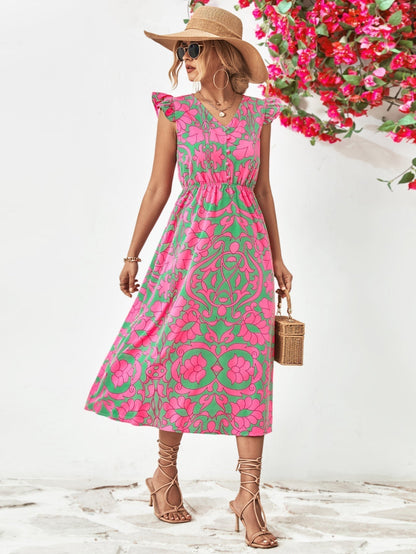 Women's Floral Print Dress - V-Neck - Ruffled Cap Sleeves - A-Line Asymmetrical Hem