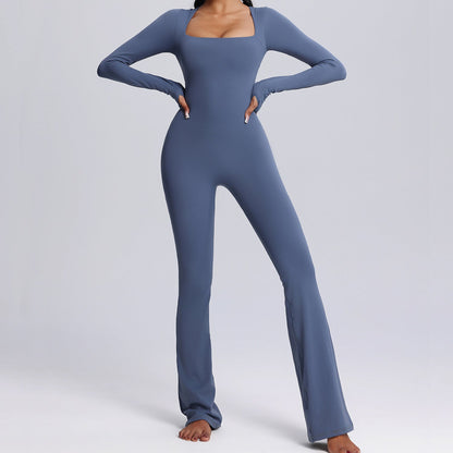 Women's Long-Sleeve Wide-Leg Jumpsuit - Breathable Yoga & Fitness Bodysuit