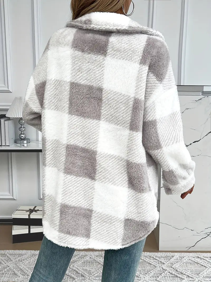 Women's plaid button-down plush winter jacket