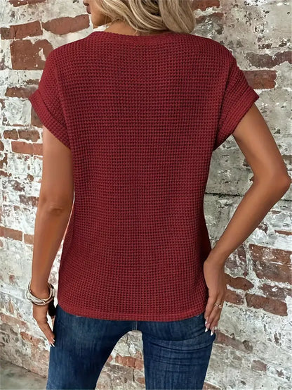 Women's Casual Top - Waffle Knit - Short Sleeve Rolled Cuff - Round Neck Relaxed Fit