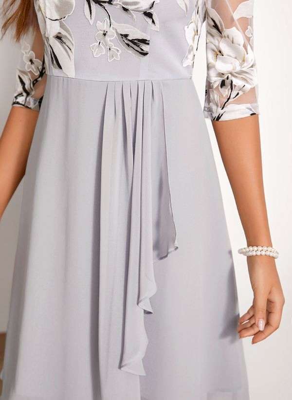 Women's A-Line Dress - Sheer Mesh & Floral Embroidery - Half Sleeve - Cocktail & Semi-Formal