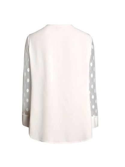 Women's Blouse - Sheer Polka Dot Sleeves - Round Neck - Relaxed Fit Stylish Wear