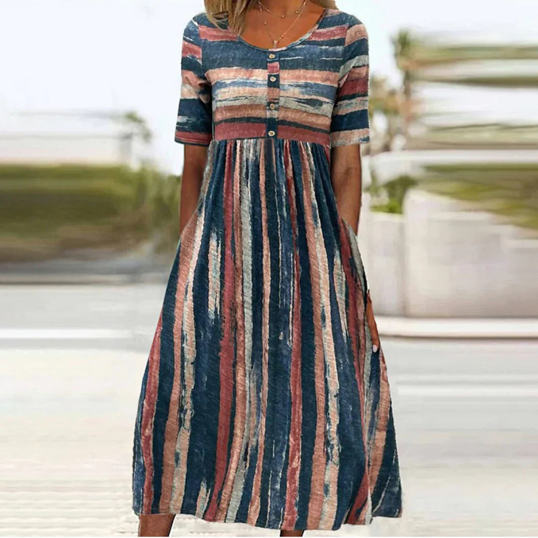 Alicia - Trendy Midi Dress with Short Sleeves and Colorblock Design