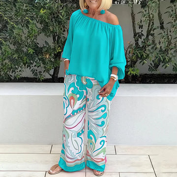 Women's casual printed pants and one-shoulder top set