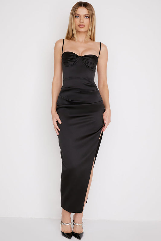 Satin Slim Fit Pleated Midi Dress