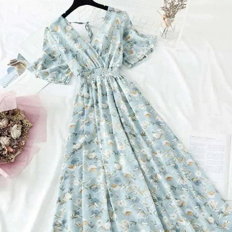 Floral Print Cinched Waist Maxi Dress