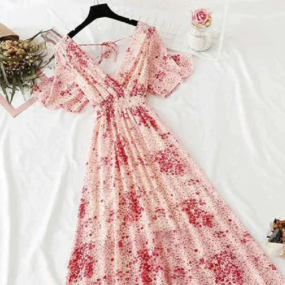 Women's Maxi Dress - Floral Print - V-Neck Cinched Waist - Short Flutter Sleeves