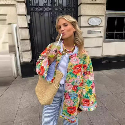 Loose flower print quilted jacket for women