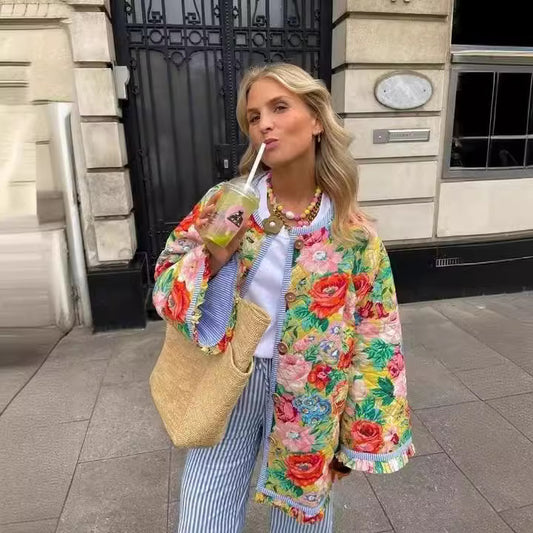 Flower Print Loose Quilted Jacket