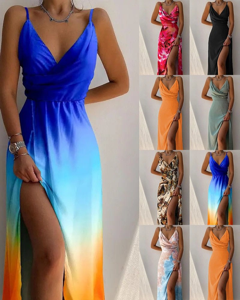 Women's Maxi Dress - Cowl Neck - Spaghetti Straps - Thigh-High Slit - Floral Print