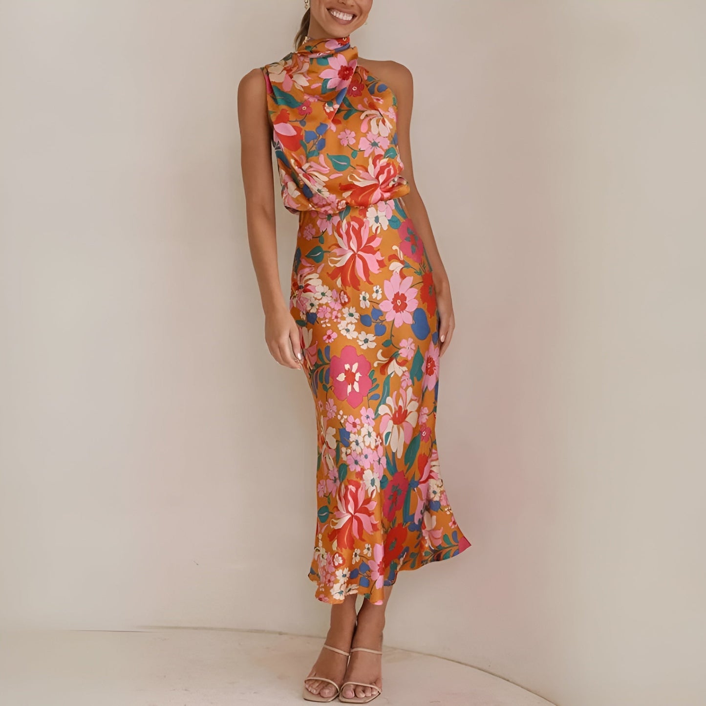 Women's Halter Midi Dress - Draped Asymmetrical Design - Elegant Floral Print
