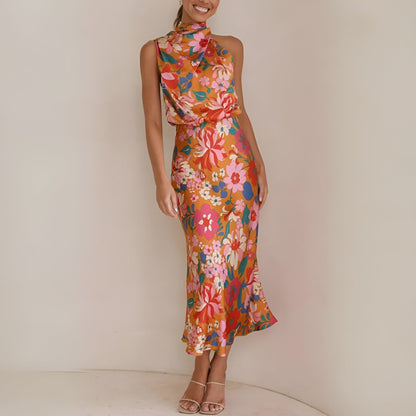 Women's Halter Midi Dress - Draped Asymmetrical Design - Elegant Floral Print