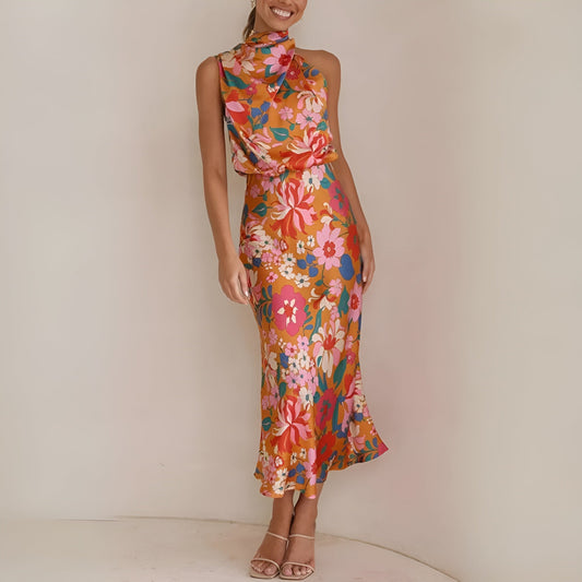 Floral Print Draped Asymmetrical Midi Dress