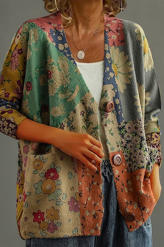 Floral Print Oversized Knitted Wool Cardigan Sweater 