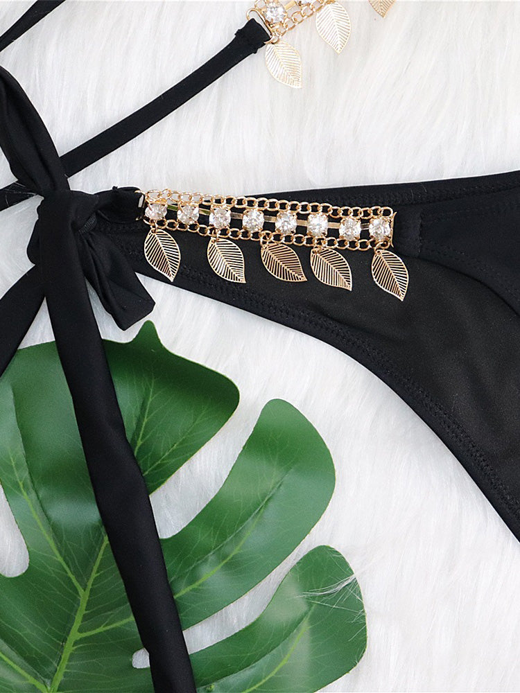 Women's Bikini Set - Triangle Top - Chain Strap Detail - Low-Rise Tie Bottoms