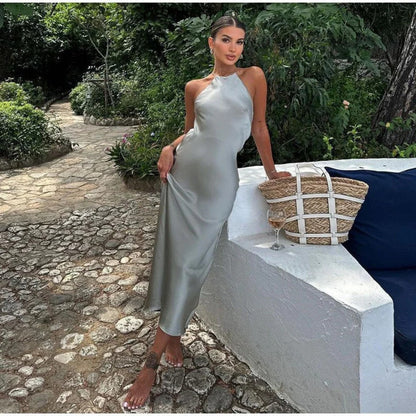 Women’s Halter Neck Dress – Satin Fabric – Slim Fit – Full Length Formal Wear