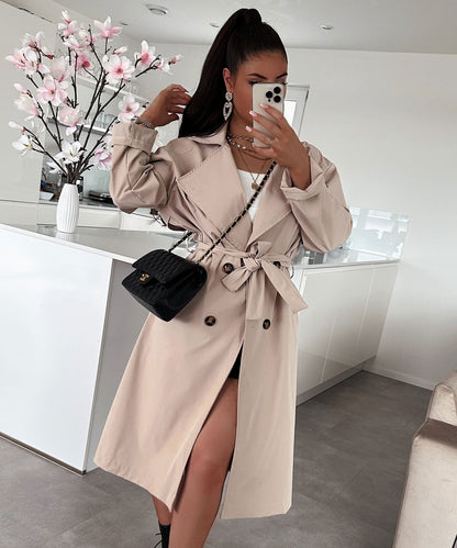 Women's casual belted lapel windbreaker jacket