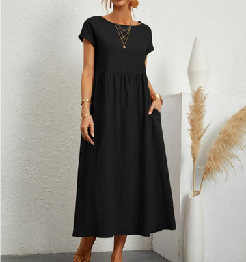 Short-sleeve loose-fit maxi dress with pockets for women