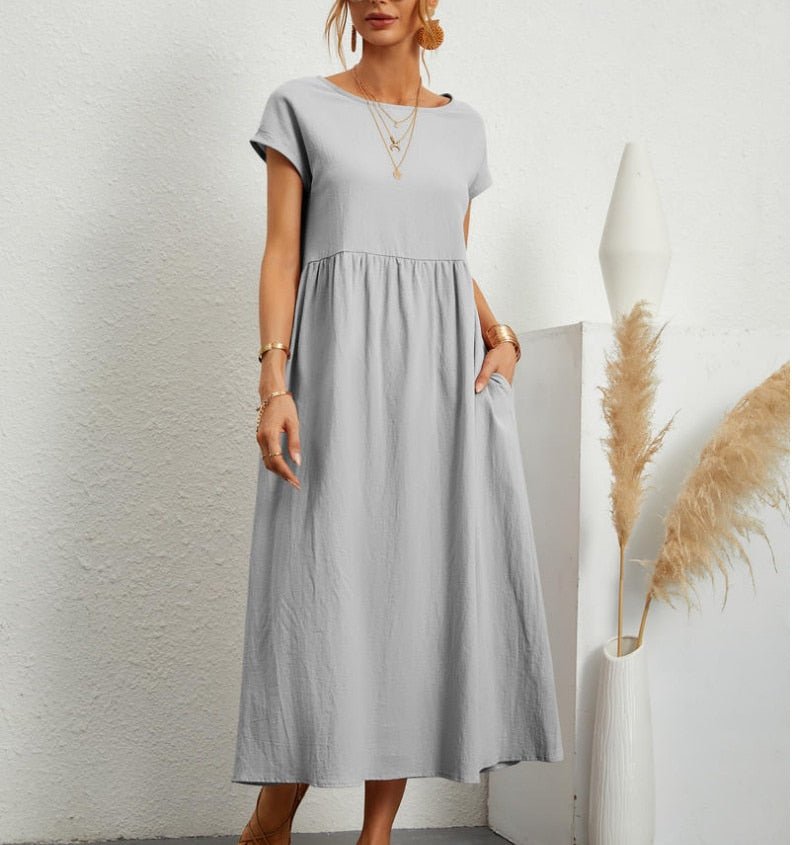 Short-sleeve loose-fit maxi dress with pockets for women