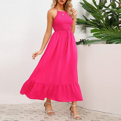 Women's Maxi Dress - Sleeveless Halter Neck - Smocked Bodice - Flowy A-Line Skirt