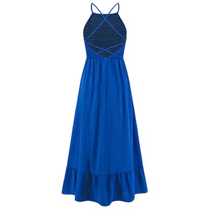 Women's Maxi Dress - Sleeveless Halter Neck - Smocked Bodice - Flowy A-Line Skirt