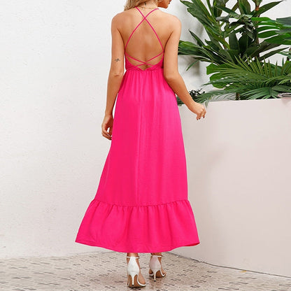 Women's Maxi Dress - Sleeveless Halter Neck - Smocked Bodice - Flowy A-Line Skirt