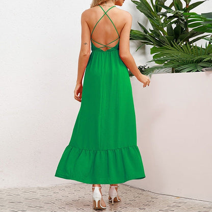 Women's Maxi Dress - Sleeveless Halter Neck - Smocked Bodice - Flowy A-Line Skirt