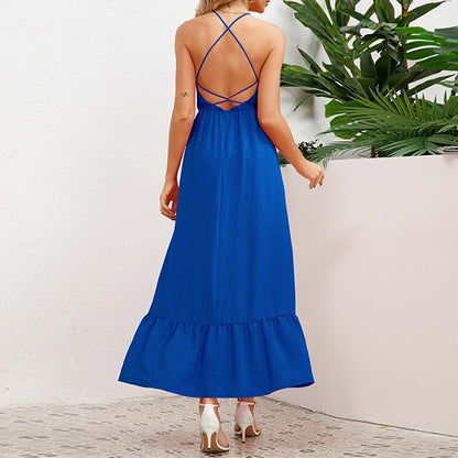 Women's Maxi Dress - Sleeveless Halter Neck - Smocked Bodice - Flowy A-Line Skirt