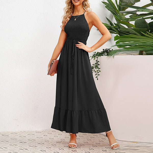 Women's Maxi Dress - Sleeveless Halter Neck - Smocked Bodice - Flowy A-Line Skirt
