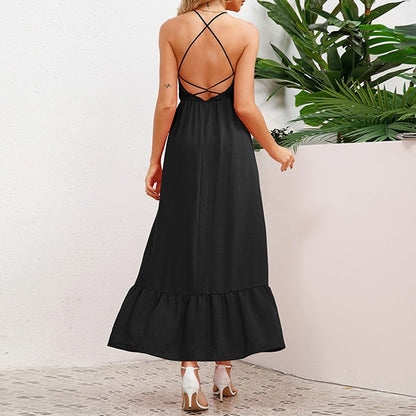 Women's Maxi Dress - Sleeveless Halter Neck - Smocked Bodice - Flowy A-Line Skirt
