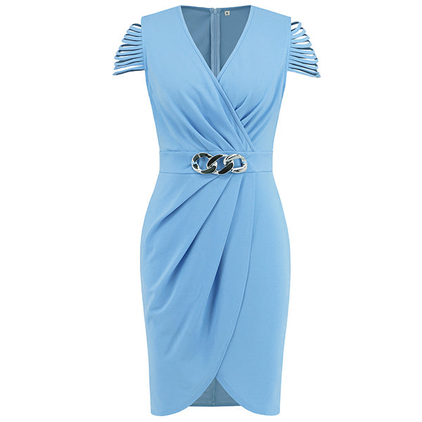 Women's Wrap Dress - V-Neck Knee-Length - Cut-Out Sleeves with Chain Detail