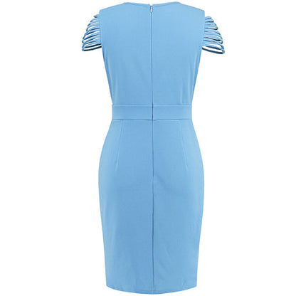 Women's Wrap Dress - V-Neck Knee-Length - Cut-Out Sleeves with Chain Detail