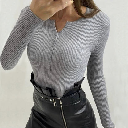 Ribbed buttoned henley long-sleeve casual top for women