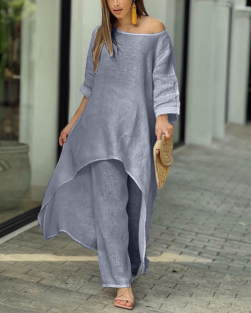 Women's Two-Piece Outfit - Off-Shoulder Tunic Top & Wide-Leg Pants - Loose Fit