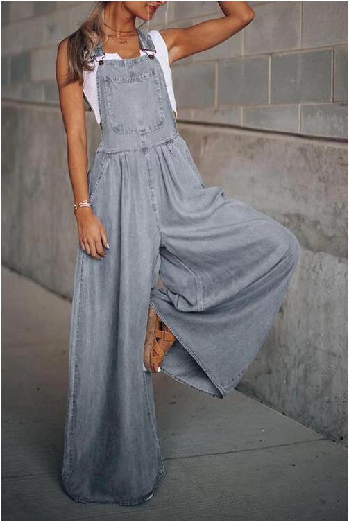 Relaxed Fit Wide Leg Denim Jumpsuit
