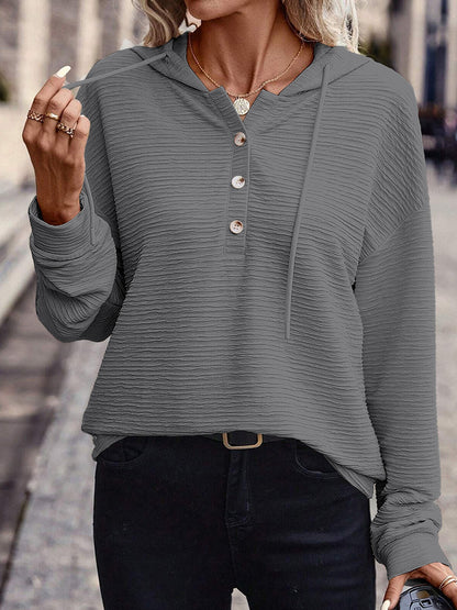 Women's Hoodie – Textured Long Sleeve Top – Button Front – Drawstring Hood – Casual Relaxed Fit