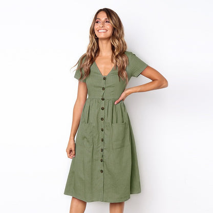 Women's Midi Dress - V-Neck Button Down - Short Sleeve - Casual Fit