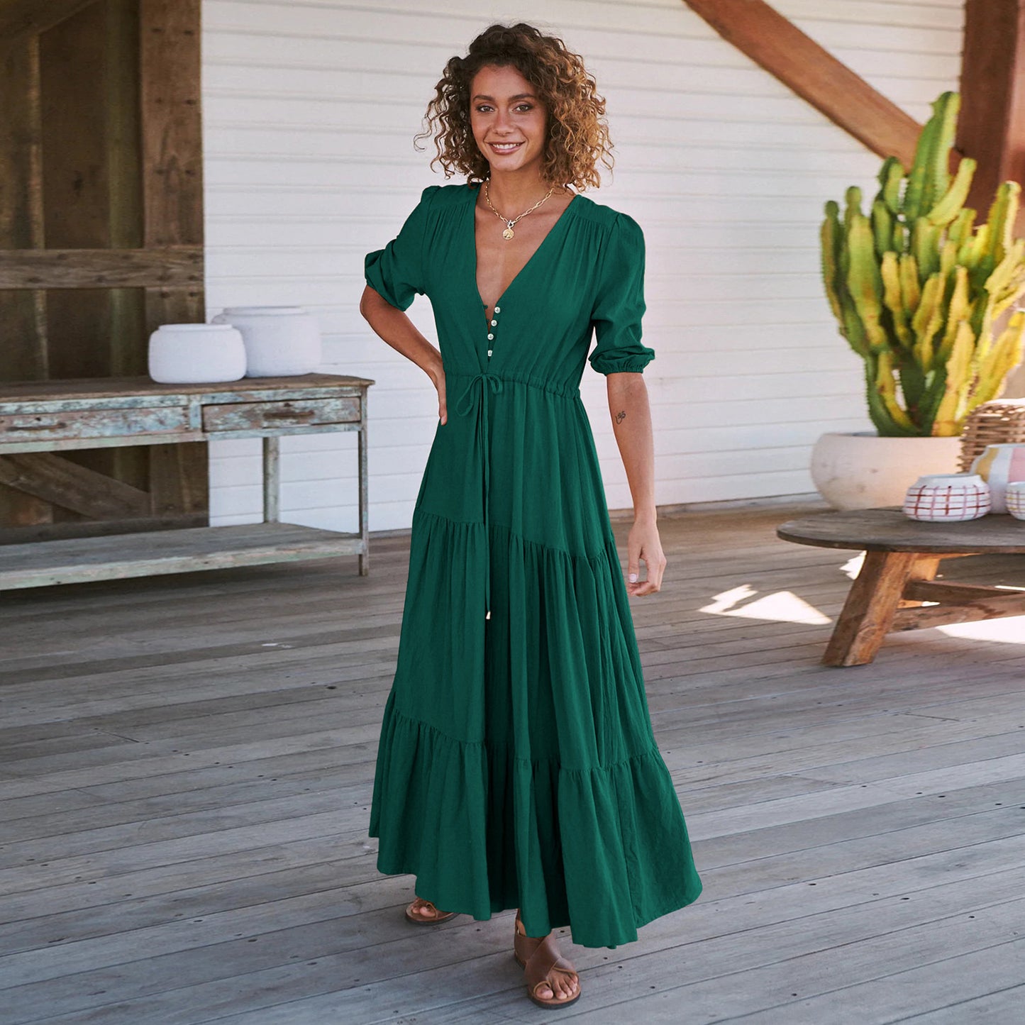 Women's Maxi Dress - V-Neck - Three-Quarter Sleeve - Button Front - Flowy A-Line Fit
