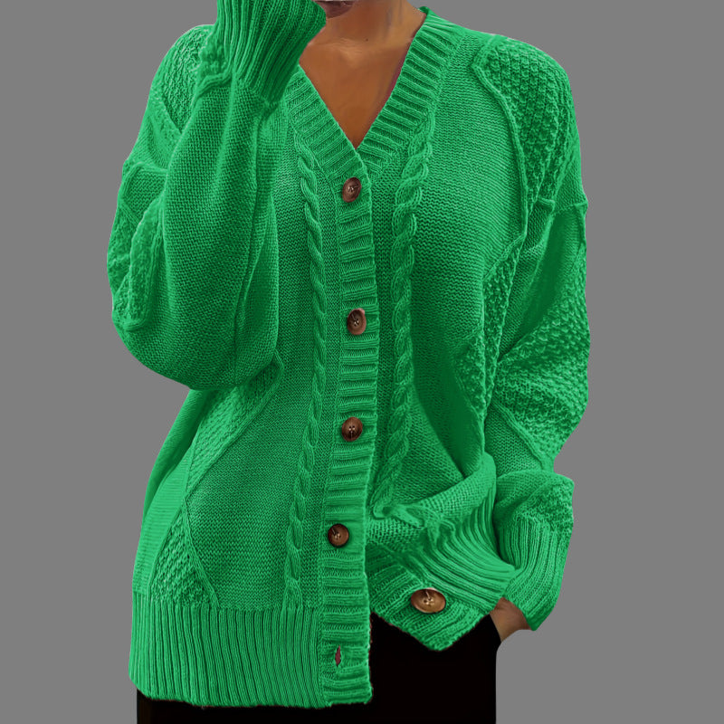 Women’s Knit Cardigan - Relaxed Fit - Cable & Waffle Knit - Button Front V-Neck