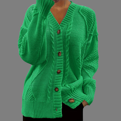 Women’s Knit Cardigan - Relaxed Fit - Cable & Waffle Knit - Button Front V-Neck