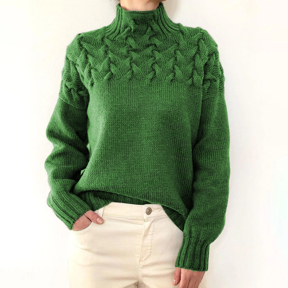 Women's high collar cable knit long sleeve sweater