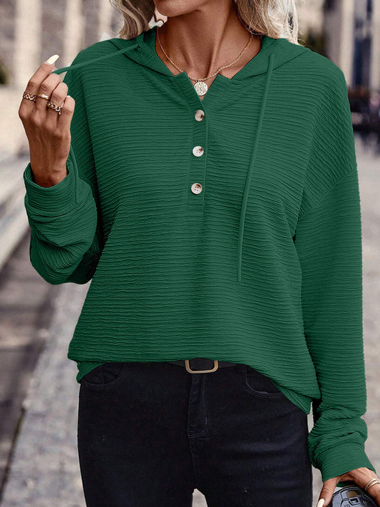 Textured Relaxed Fit Button Front Hoodie Top