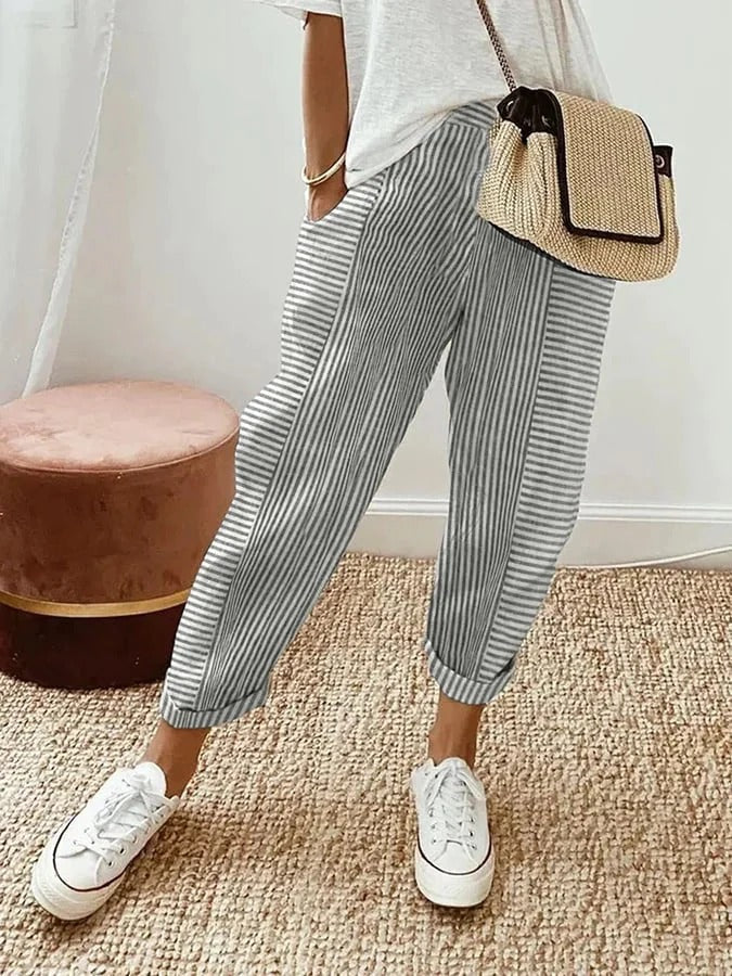 Women's Striped Pants - Loose Fit - Elastic Waist - Cuffed Hem Casual Wear