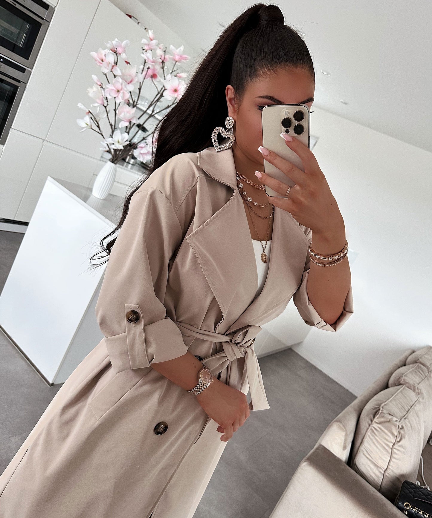 Women's casual belted lapel windbreaker jacket
