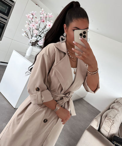 Women's casual belted lapel windbreaker jacket
