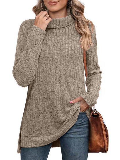 Women’s Turtleneck Sweater – Ribbed Knit – Relaxed Fit – Long Sleeve – Asymmetrical Hem
