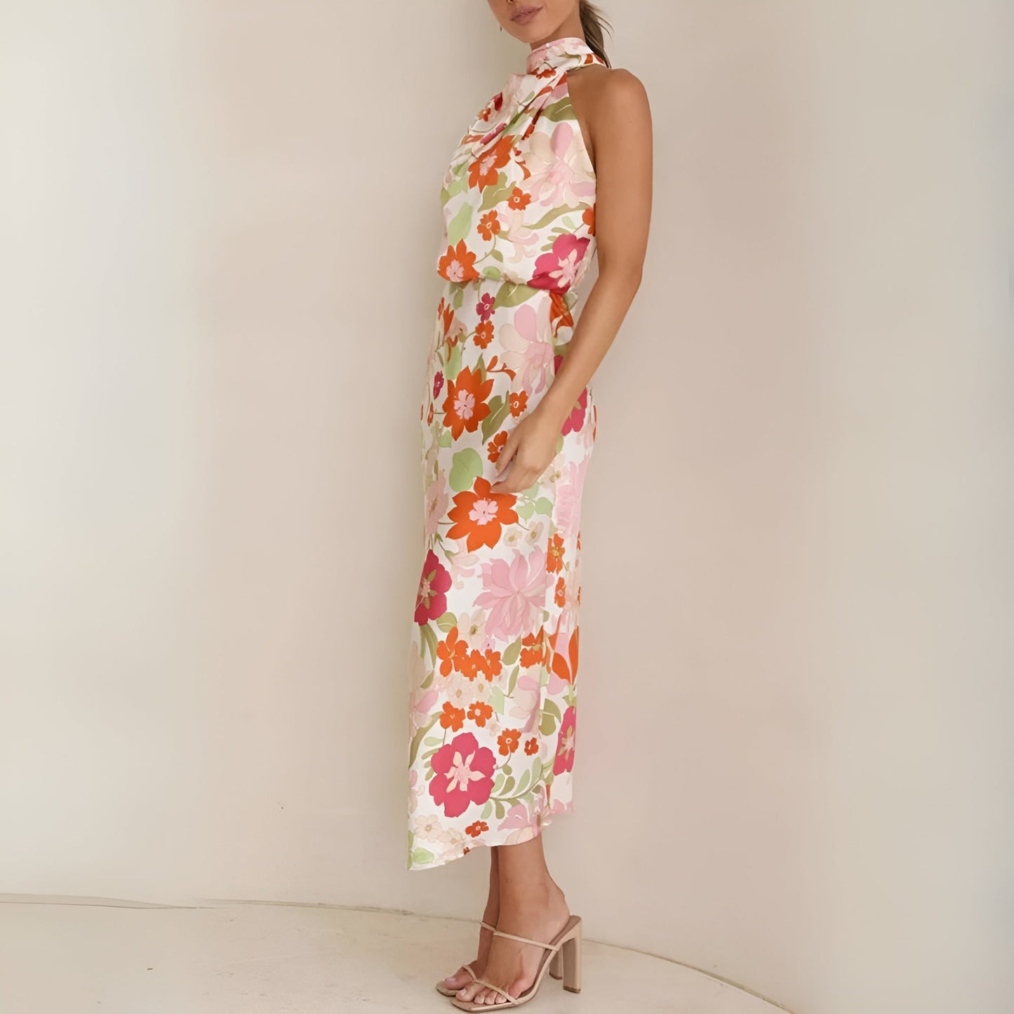 Women's Halter Midi Dress - Draped Asymmetrical Design - Elegant Floral Print