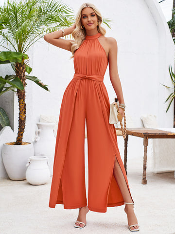Women's Jumpsuit - Sleeveless Halter Neck - Tie Waist - Wide Leg Split Pants